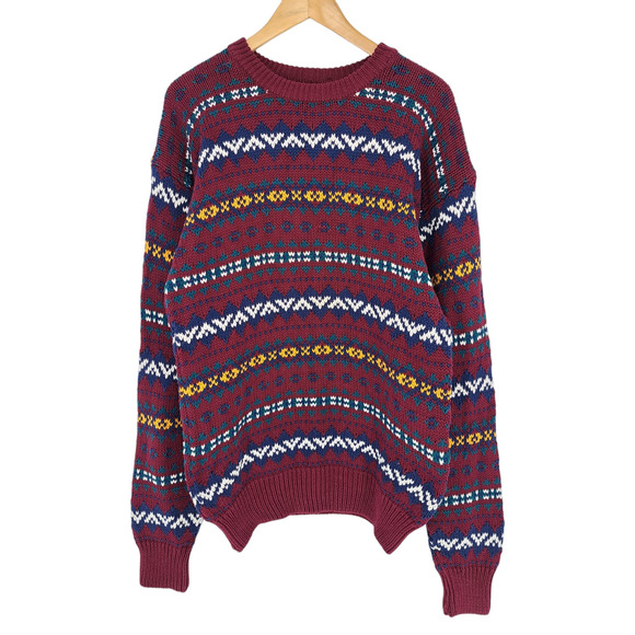 Vintage Robinsons Cotton Crew Neck Sweater Fair Isle Burgundy Men's Size L Large - Picture 1 of 6